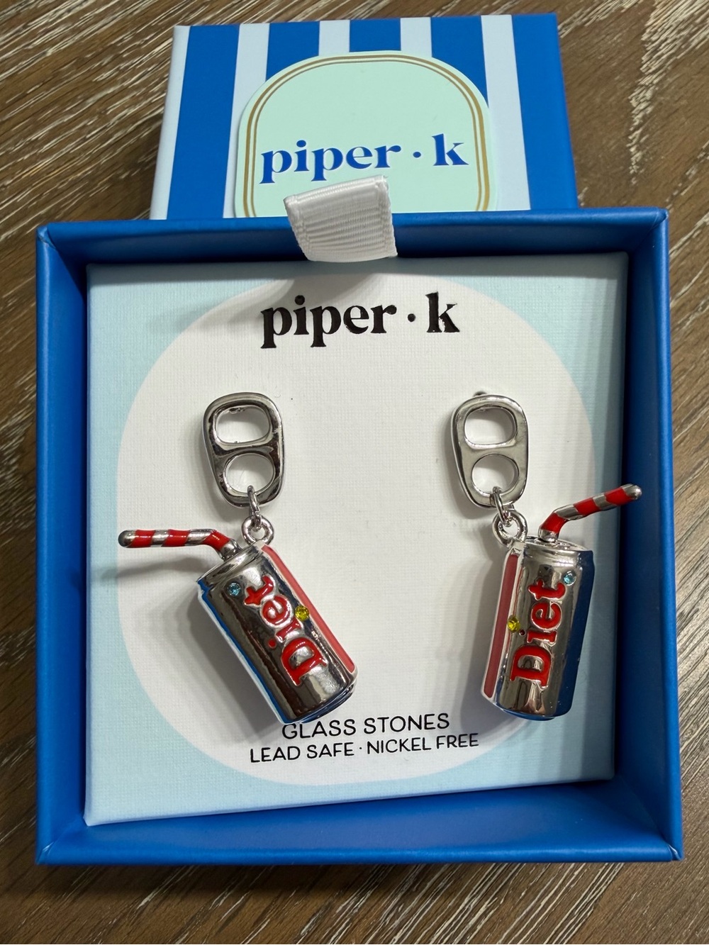 Piper K Diet Coke Can Earrings Glass Stones Lead Safe Nickel Free NIB